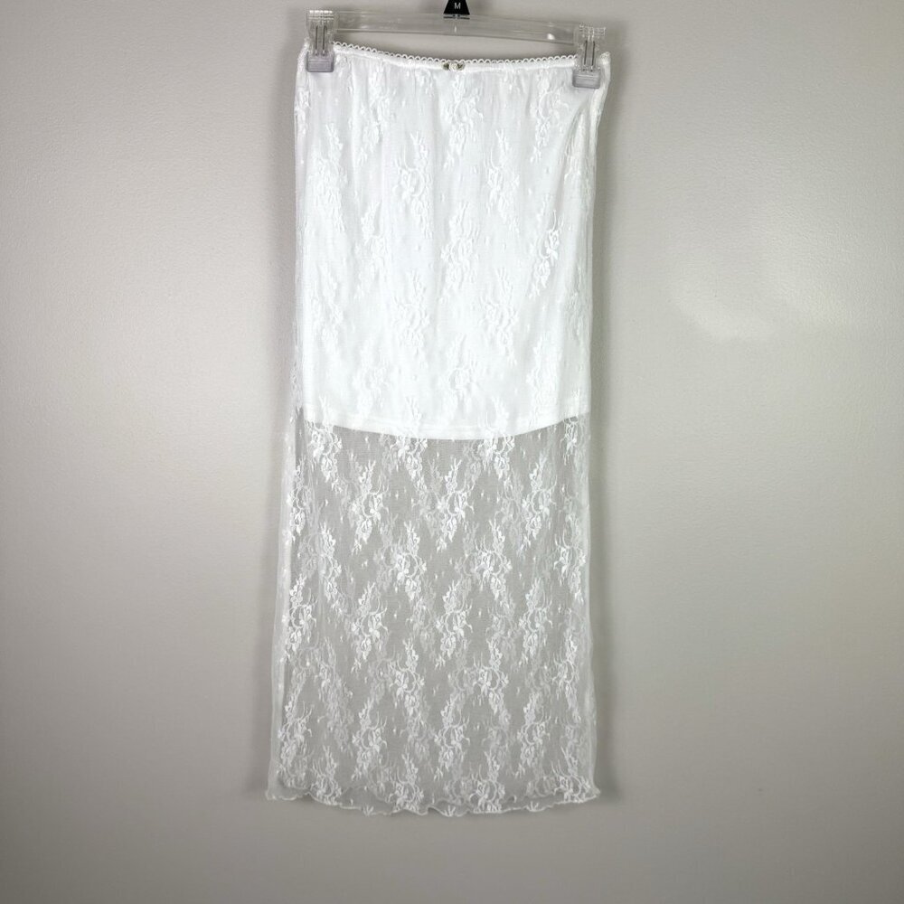 All In Favor White Lace Midi Skirt Small Sheer Overlay Lined NWOT Cottagecore - Picture 3 of 11